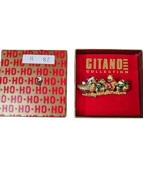 Gitano Collection Christmas Bird Brooch Pin Gold-Tone Enamel Accents With Box